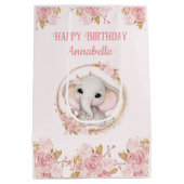 Olifant Meisje Roze 1e Verjaardag Medium Gift Bag Medium Cadeauzakje (Achterkant)