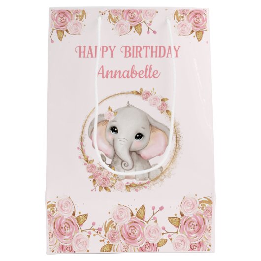 Olifant Meisje Roze 1e Verjaardag Medium Gift Bag Medium Cadeauzakje (Achterkant)