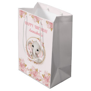 Olifant Meisje Roze 1e Verjaardag Medium Gift Bag Medium Cadeauzakje