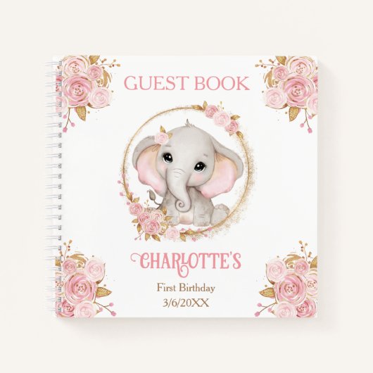 Olifant Meisje Roze Bloemen 1e Verjaardag Gastenbo Notitieboek (Voorkant)