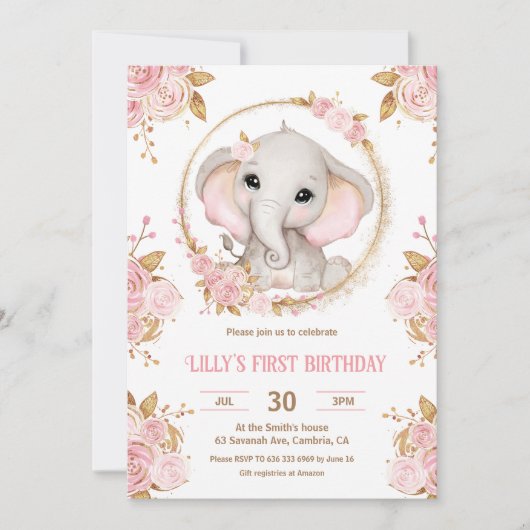 Olifant Meisje Roze Bloemen 1e Verjaardag Uitnodig Kaart (Voorkant)