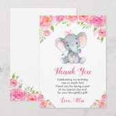 Olifant Meisje Roze Verjaardagsfeestje Kleine Pind Bedankkaart (Voorkant / Achterkant)