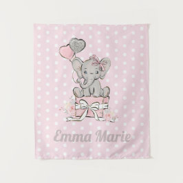 Olifant meisje roze zilveren ballonnen naam wandkleed