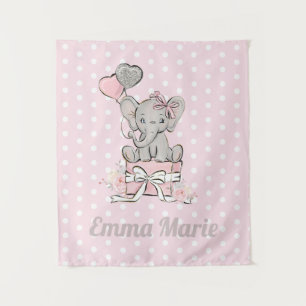 Olifant meisje roze zilveren ballonnen naam wandkleed