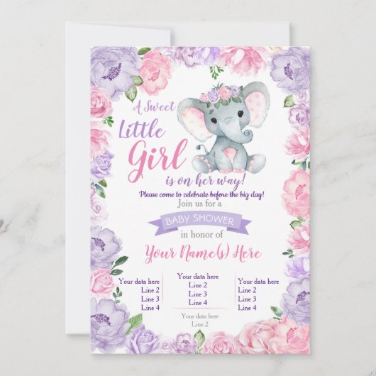 Olifant meisje uitnodiging landelijk, paars roze (Voorkant)