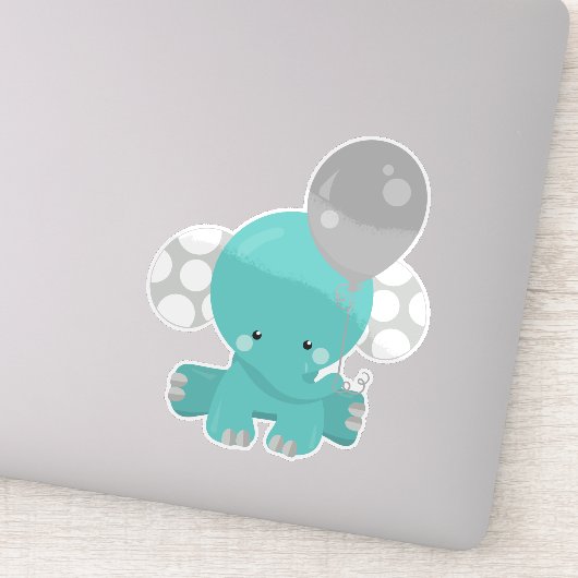 Olifant Met Ballon, Blauwe Olifant, Lief Dier Sticker (Detail)