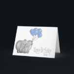 olifant met ballon op 1e verjaardag kaart<br><div class="desc">Persoonlijke verjaardagskaart voor 1 jaar,  met een olifant met blauwe ballonnen.

De naam & de binnenkant van de kaart kunnen worden aangepast. 
 
Dit leuke en geïllustreerde ontwerp is perfect voor een zoon of kleinzoon op de verjaardag van een eenjarige babyjongen.</div>