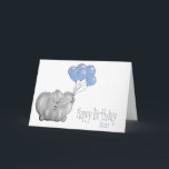 olifant met ballon op 1e verjaardag kaart<br><div class="desc">Persoonlijke verjaardagskaart voor 1 jaar,  met een olifant met blauwe ballonnen.

De naam & de binnenkant van de kaart kunnen worden aangepast. 
 
Dit leuke en geïllustreerde ontwerp is perfect voor een zoon of kleinzoon op de verjaardag van een eenjarige babyjongen.</div>