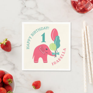 Olifant met ballonnen meisjes 1e verjaardag servet
