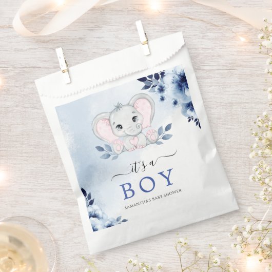 Olifant met blauwe anemonen Het is een Baby shower Bedankzakje (Geknipt)