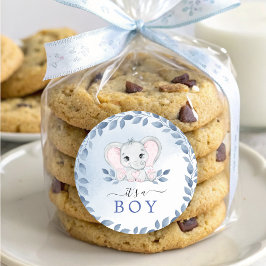 Olifant met blauwe anemonen Het is een Baby shower Ronde Sticker