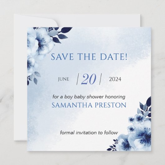 Olifant met blauwe anemonen Het is een Baby shower Save The Date (Achterkant)