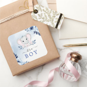 Olifant met blauwe anemonen Het is een Baby shower Vierkante Sticker