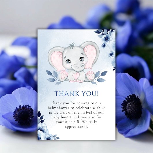 Olifant met blauwe anemonen jongen Baby shower Bedankkaart