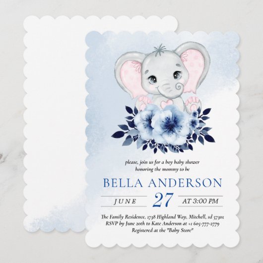 Olifant met blauwe anemonen Waterverf Baby shower Kaart (Voorkant / Achterkant)