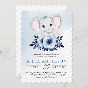 Olifant met blauwe anemonen Waterverf Baby shower Kaart