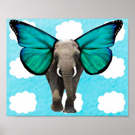 Olifant met blauwe vleugels in de wolken poster