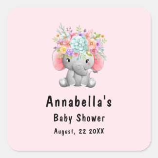 Olifant met Bloemen Baby Shower Vierkante Sticker
