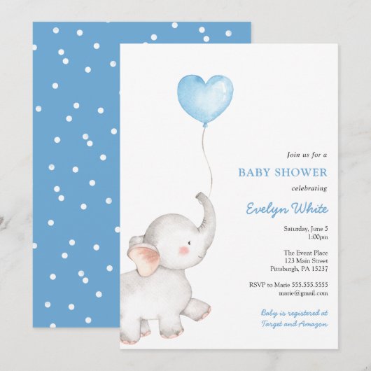 Olifant met Blue Balloon Baby shower Kaart (Voorkant / Achterkant)