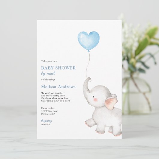 Olifant met Blue Balloon Baby shower per Mail Kaart (Staand voorkant)