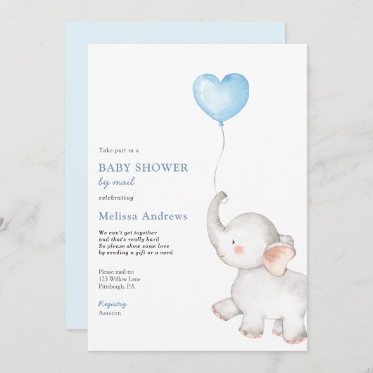 Olifant met Blue Balloon Baby shower per Mail Kaart (Voorkant / Achterkant)