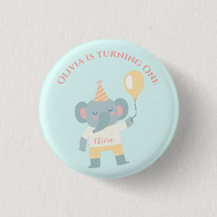 Olifant met een pet en een ballonverjaardagsfeestj ronde button 3,2 cm