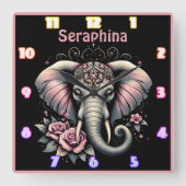 Olifant met elegante rozen illustratie vierkante klok (Voorkant)