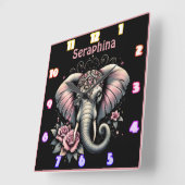 Olifant met elegante rozen illustratie vierkante klok (Hoek)
