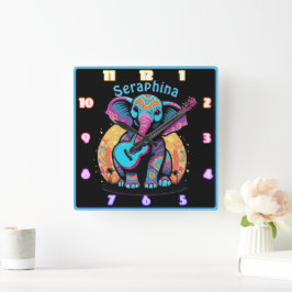 Olifant met gitaar bij zonsondergang vierkante klok