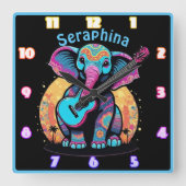 Olifant met gitaar bij zonsondergang vierkante klok (Voorkant)