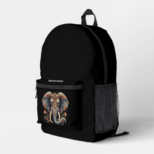 Olifant met ingewikkelde florale design bedrukte rugzak (Achterkant Hoek Rechts)