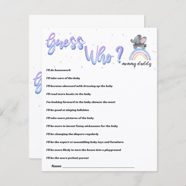 Olifant met kleurrijke regenboog Baby shower spel (Voorkant / Achterkant)