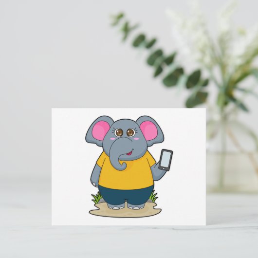 Olifant met mobiel briefkaart (Staand voorkant)