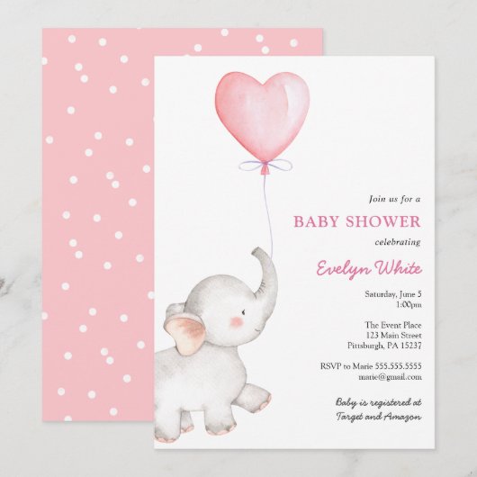 Olifant met Roze Ballon Baby shower Invitation Kaart (Voorkant / Achterkant)