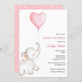 Olifant met Roze Ballon Baby shower Invitation Kaart