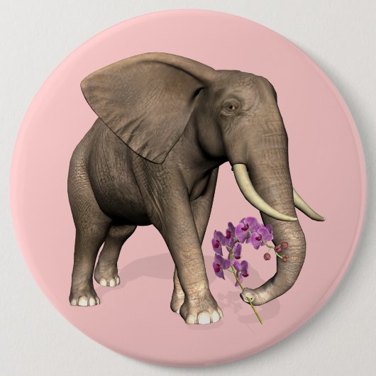 olifant met roze orchidee ronde button 6,0 cm (Voorkant)