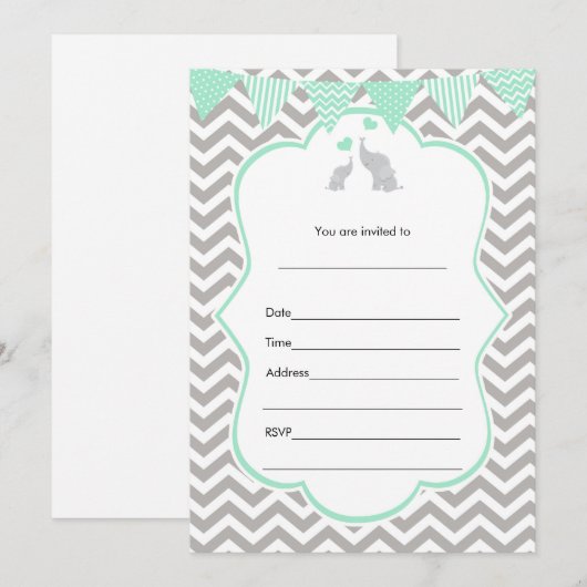 Olifant mintgroene zilveren uitnodiging (Voorkant / Achterkant)