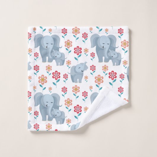 Olifant moeder, baby bloemen patroon Moederdag Bad Handdoek (Wasdoekje)