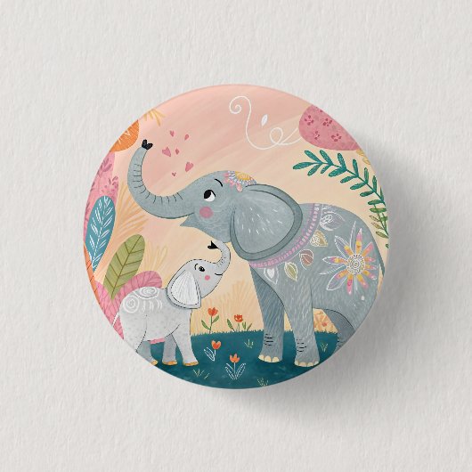 Olifant Moeder en Baby Ronde Button 3,2 Cm (Voorkant)