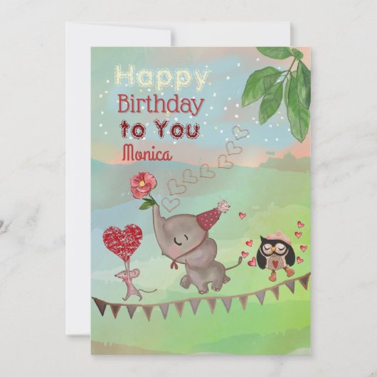Olifant, muis & uil illustratie Verjaardag Kaart (Voorkant)