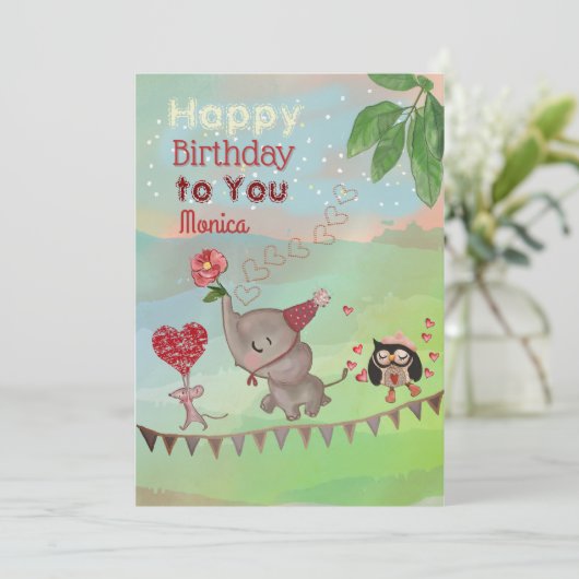 Olifant, muis & uil illustratie Verjaardag Kaart (Staand voorkant)
