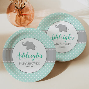 Olifant Muntgroene Grijze Stippen Baby Shower Papieren Bordje