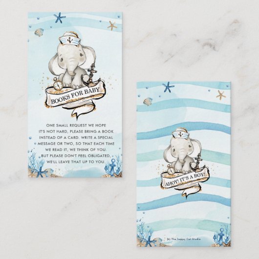 Olifant Nautical Boy Baby shower Breng een boek Informatiekaartje (Voorkant / Achterkant)