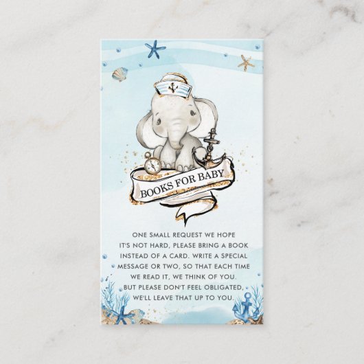 Olifant Nautical Boy Baby shower Breng een boek Informatiekaartje (Voorkant)