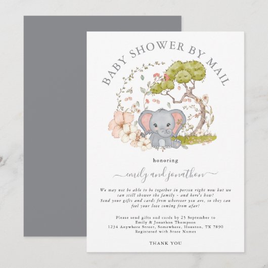 Olifant Oerwoud Foliage Grey Baby shower per Mail Kaart (Voorkant / Achterkant)
