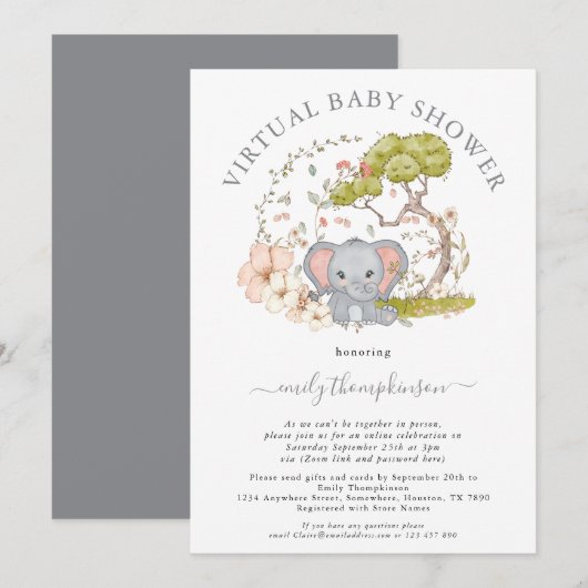 Olifant Oerwoud Foliage Grey Virtual Baby shower Kaart (Voorkant / Achterkant)