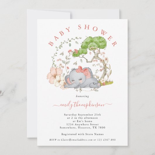 Olifant Oerwoud Foliage Koraal Meisje Baby shower  Kaart (Voorkant)