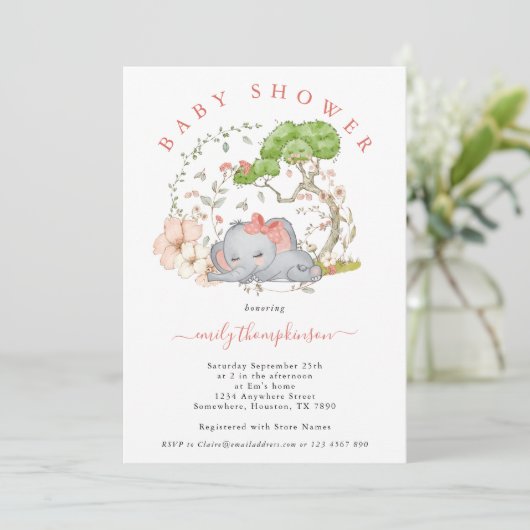 Olifant Oerwoud Foliage Koraal Meisje Baby shower  Kaart (Staand voorkant)
