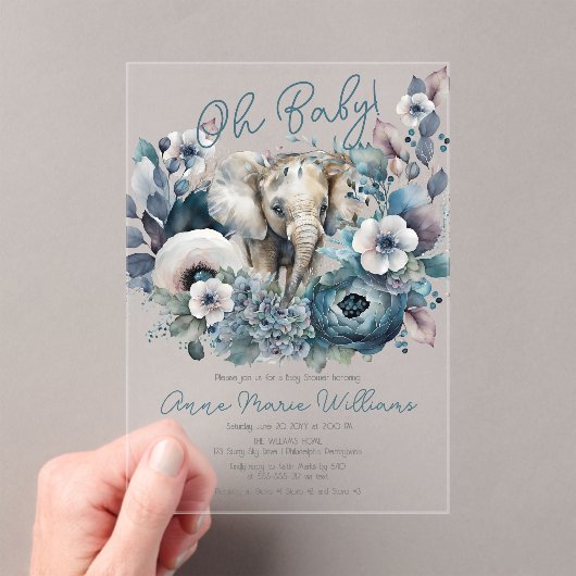Olifant Oh Baby Blauw Bloemen Baby shower Acryl Uitnodigingen (Insitu (Draagbaar))
