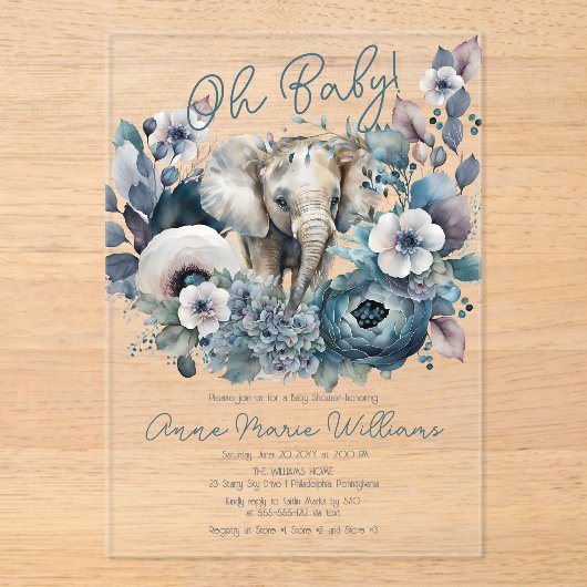 Olifant Oh Baby Blauw Bloemen Baby shower Acryl Uitnodigingen (Voorkant)
